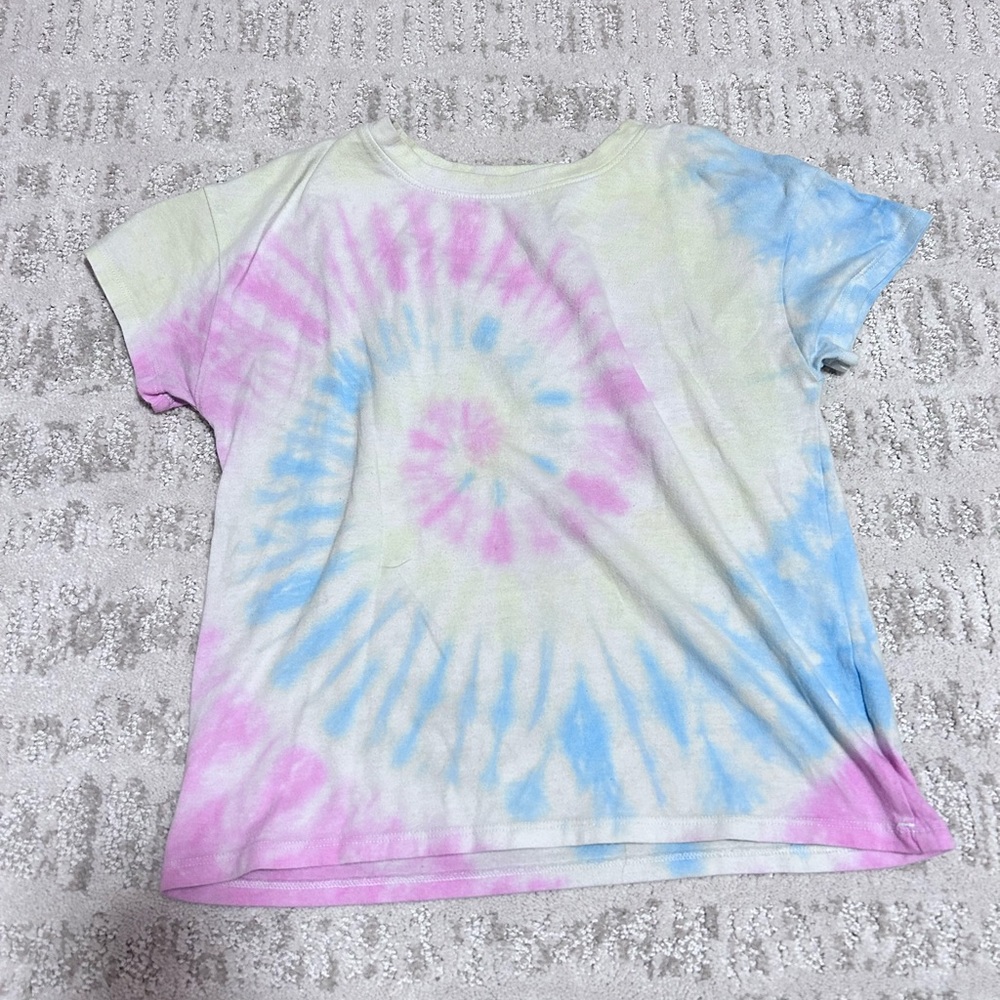 Spiral tie dye blue, pink, and yellow shirt